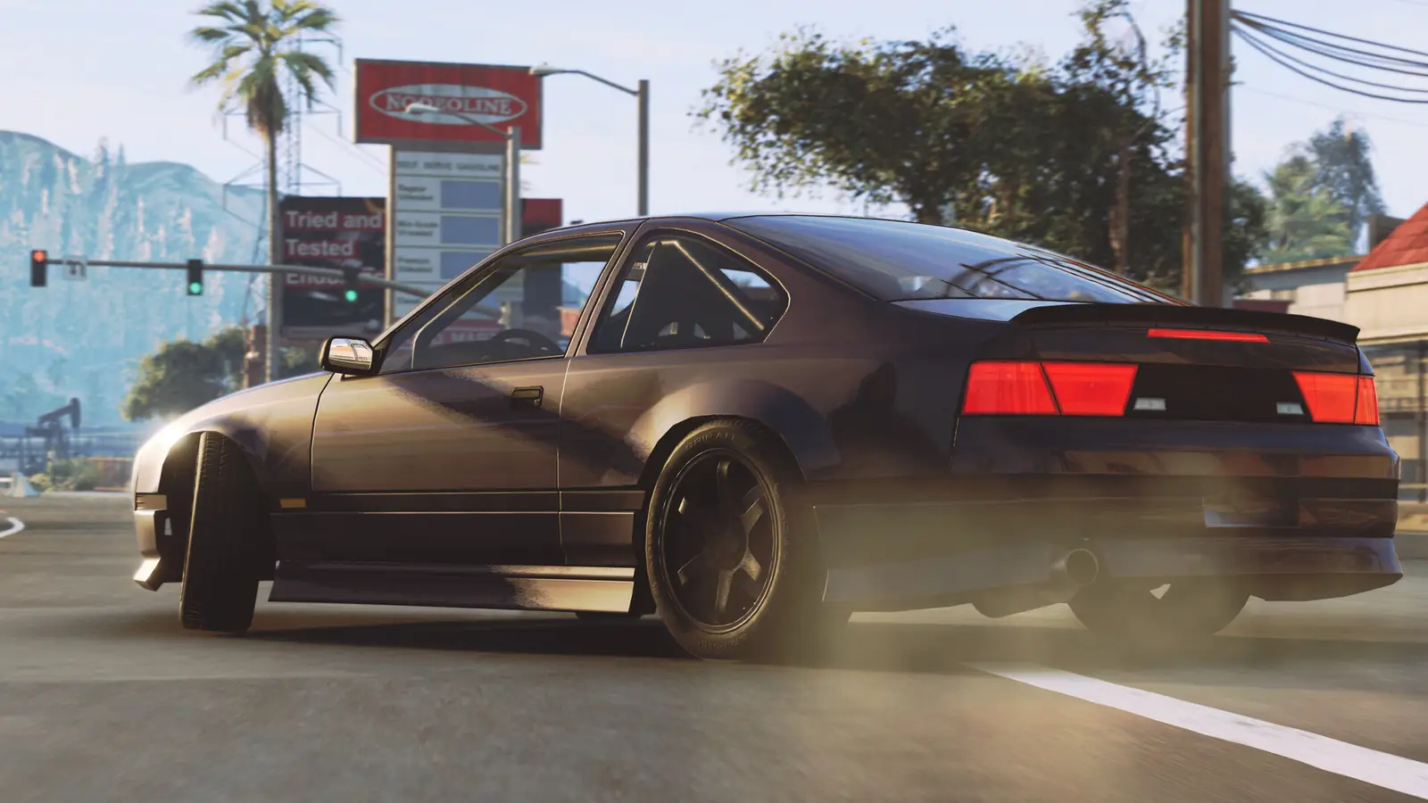 Concept illustration of a coupe on a coastal street