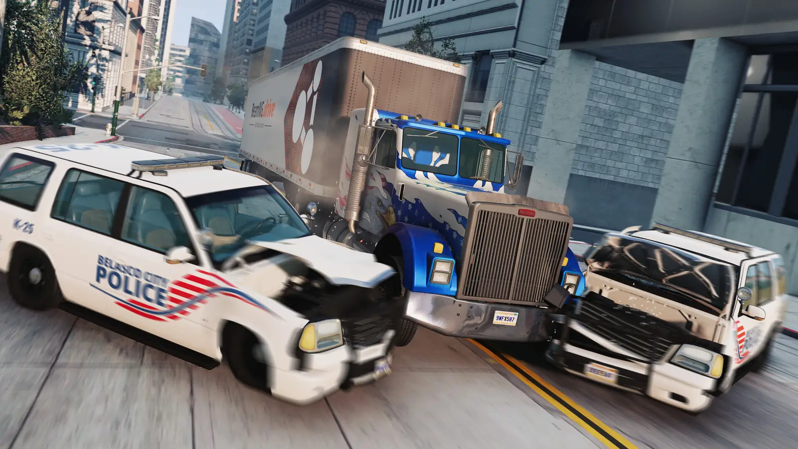 Concept artwork: a box truck and two damaged police vehicles in a city crash